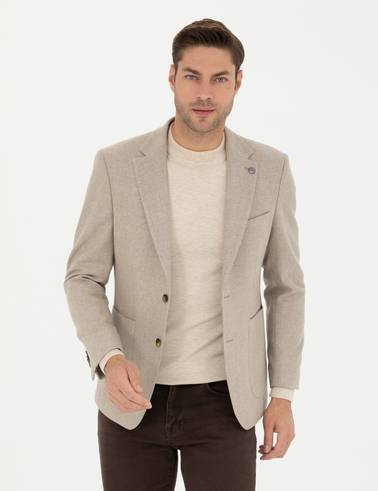 Bej Slim Fit Yün Karışımlı Ceket