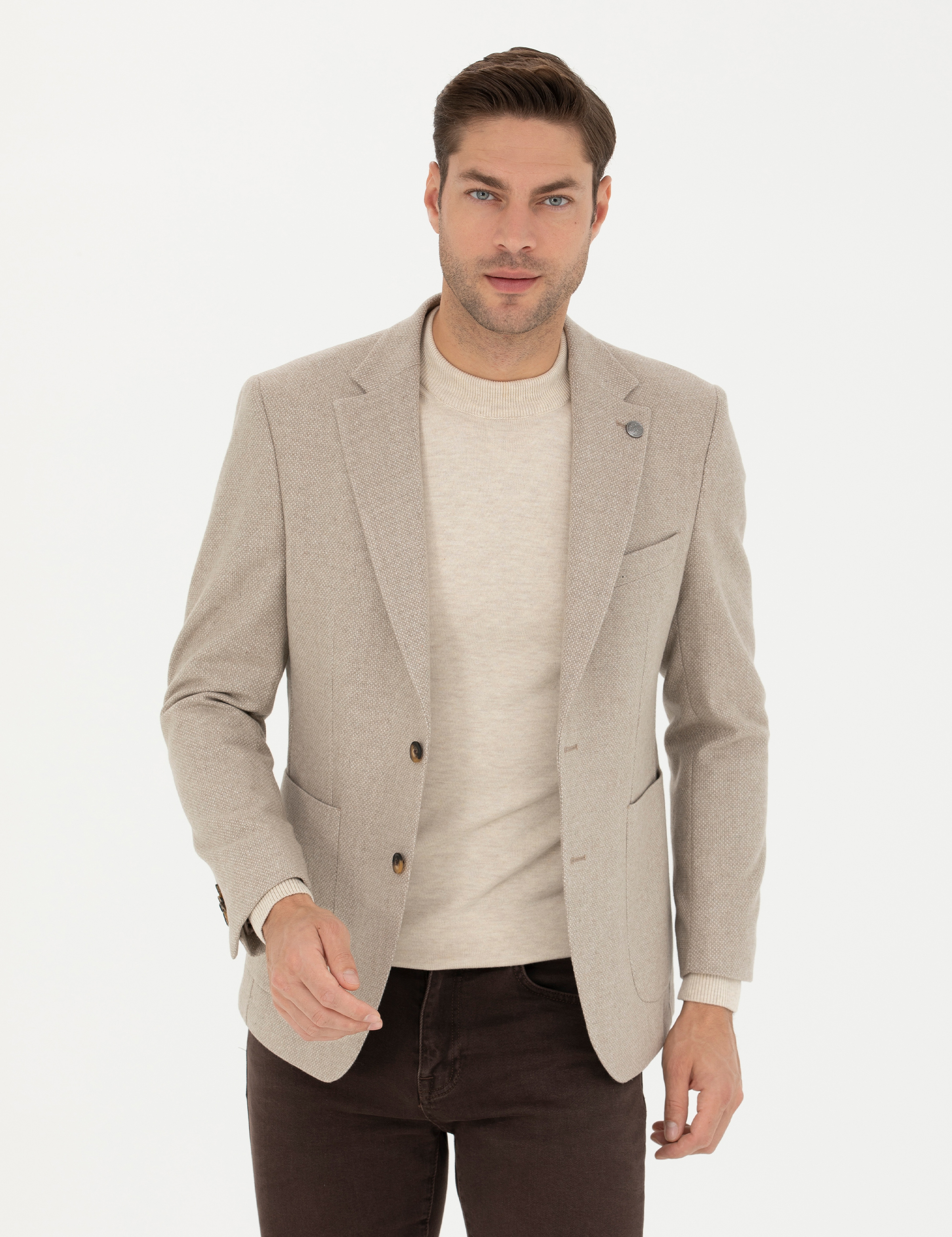 Bej Slim Fit Yün Karışımlı Ceket - Image 1