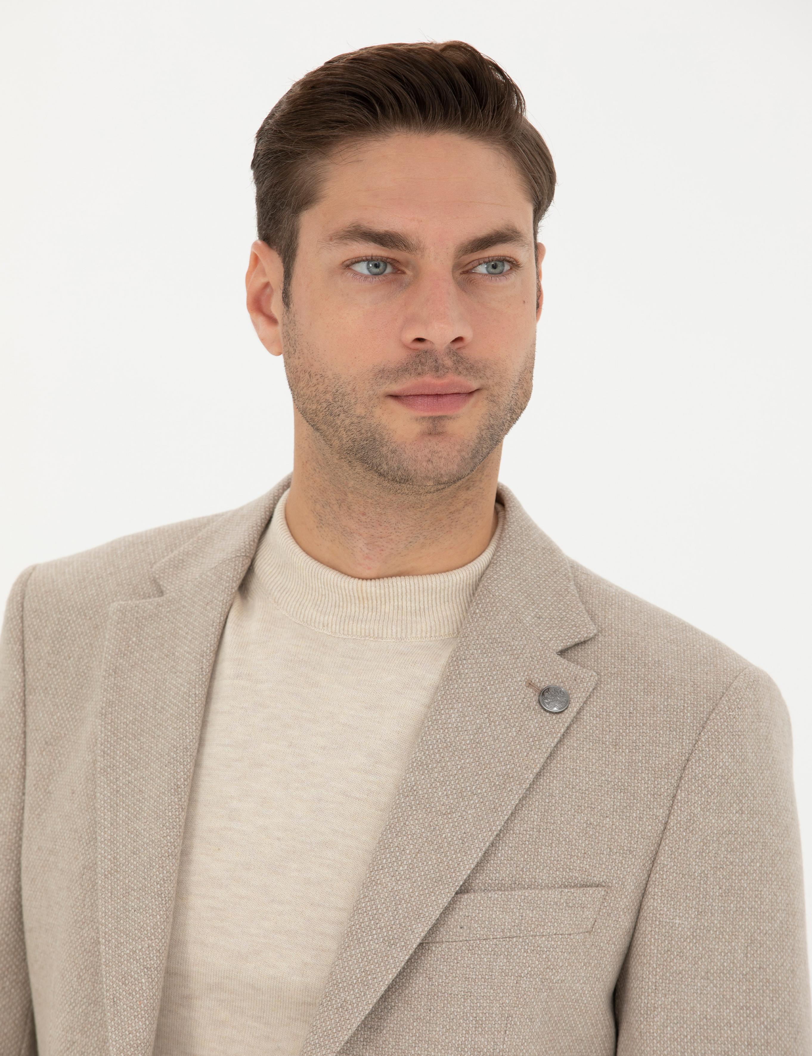 Bej Slim Fit Yün Karışımlı Ceket