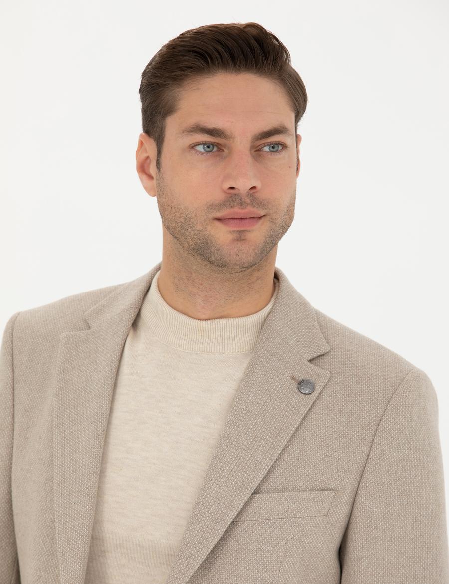 Bej Slim Fit Yün Karışımlı Ceket