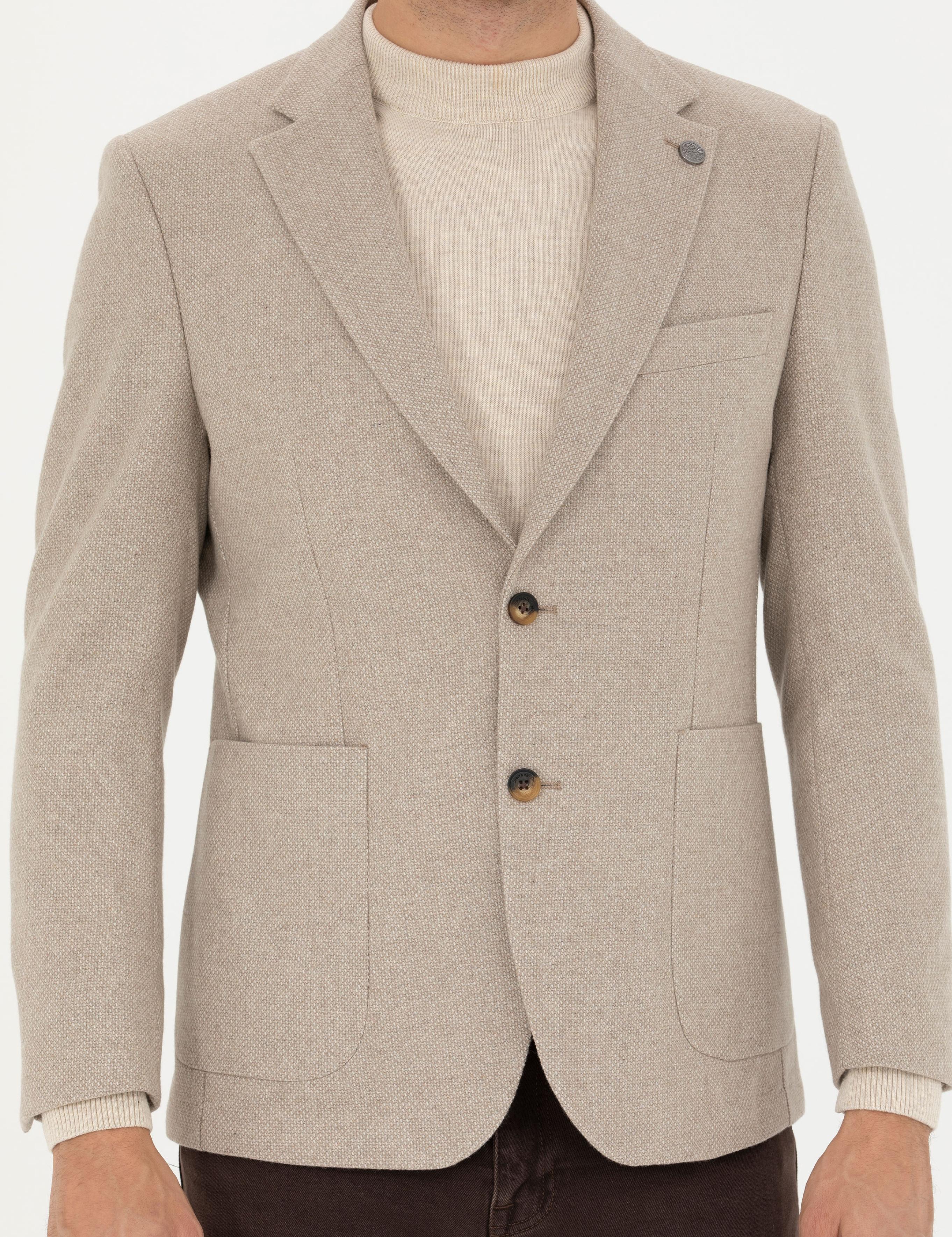 Bej Slim Fit Yün Karışımlı Ceket