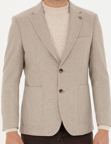 Bej Slim Fit Yün Karışımlı Ceket