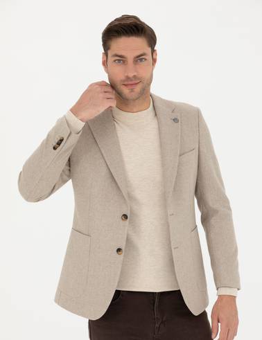 Bej Slim Fit Yün Karışımlı Ceket