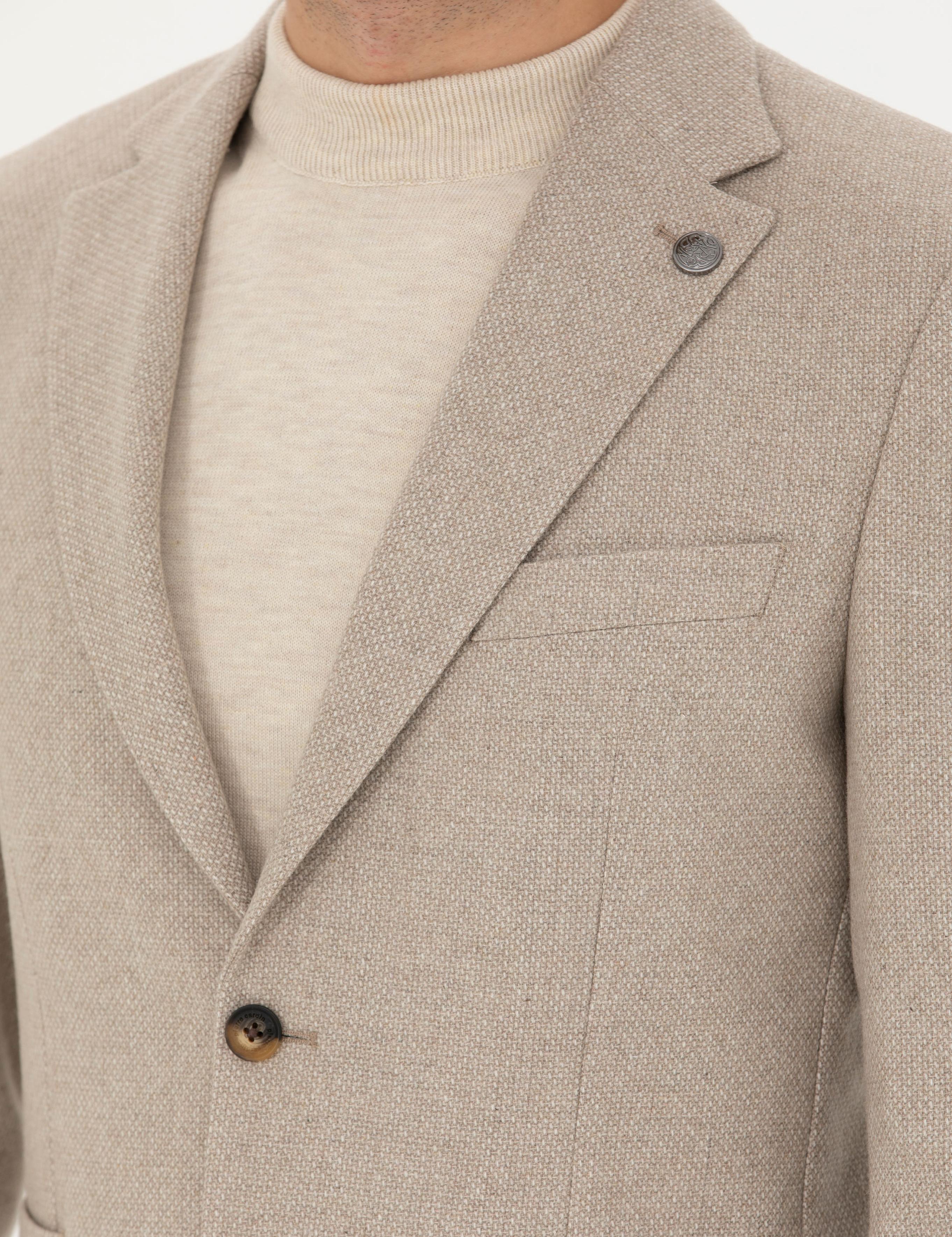 Bej Slim Fit Yün Karışımlı Ceket