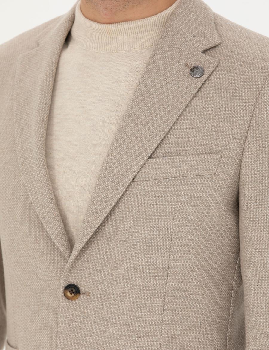 Bej Slim Fit Yün Karışımlı Ceket