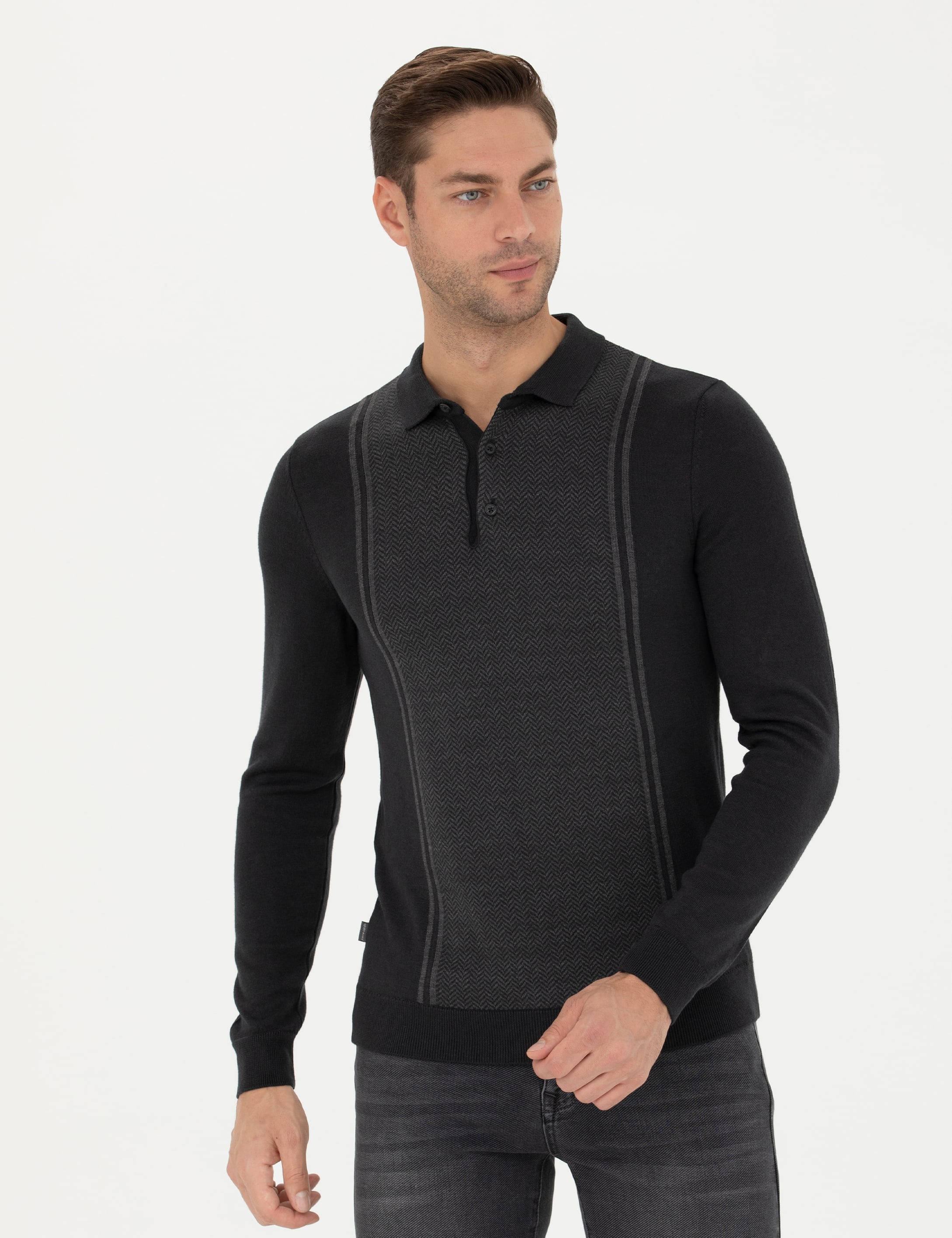 Açık Gri Melanj Slim Fit Düğmeli Polo Yaka Triko Kazak - Image 1