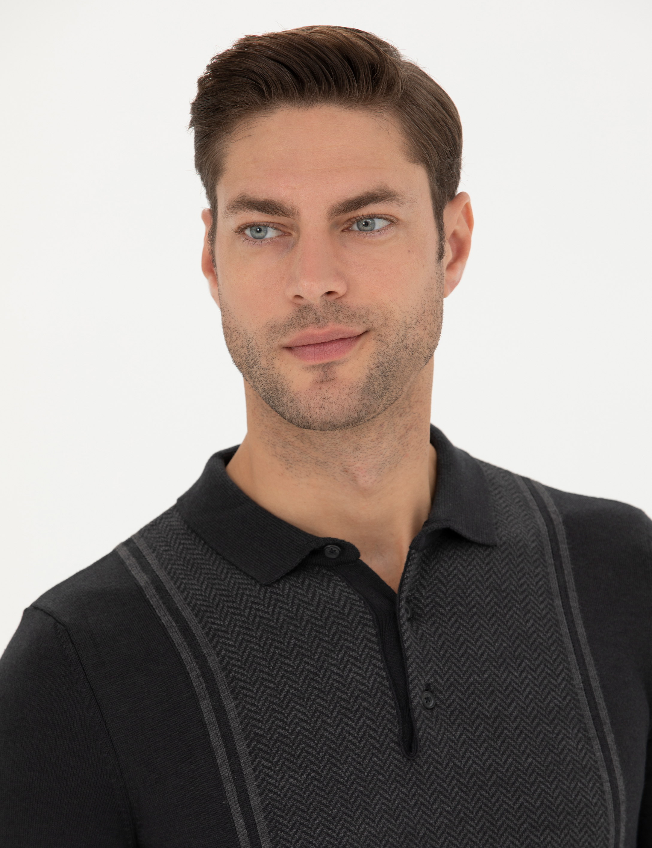 Açık Gri Melanj Slim Fit Düğmeli Polo Yaka Triko Kazak - Image 2
