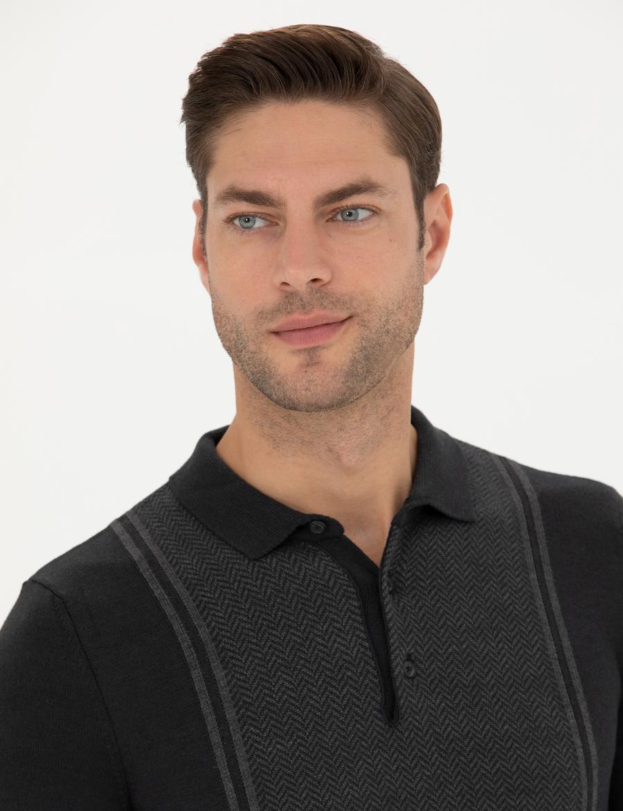 Açık Gri Melanj Slim Fit Düğmeli Polo Yaka Triko Kazak