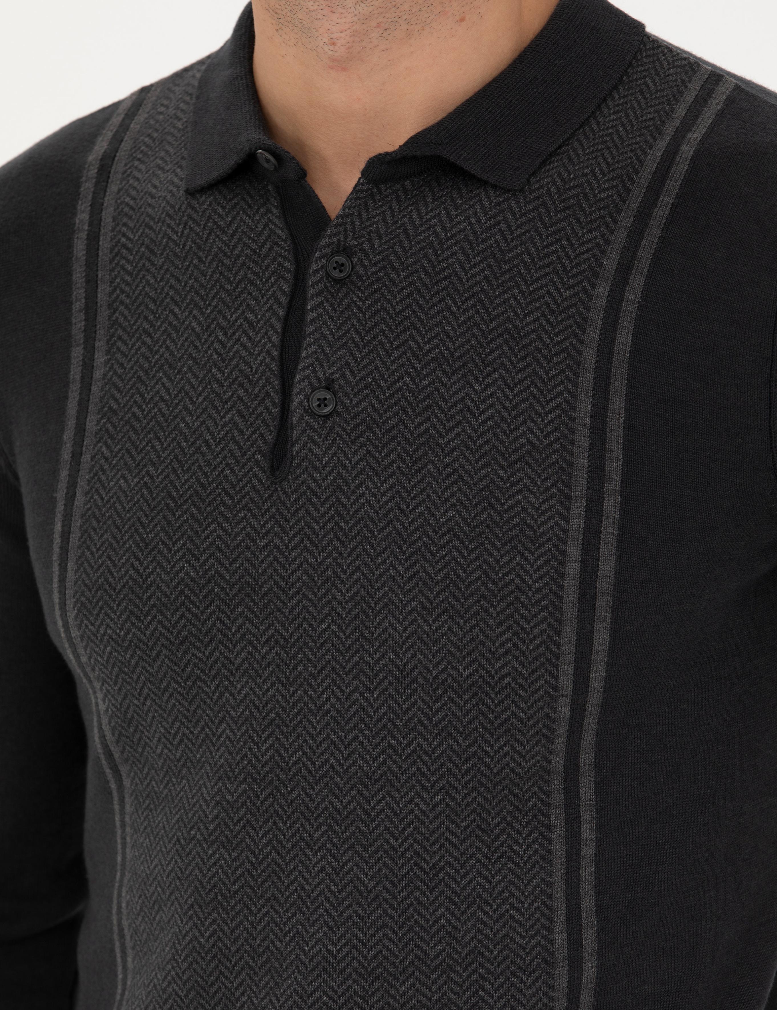 Açık Gri Melanj Slim Fit Düğmeli Polo Yaka Triko Kazak