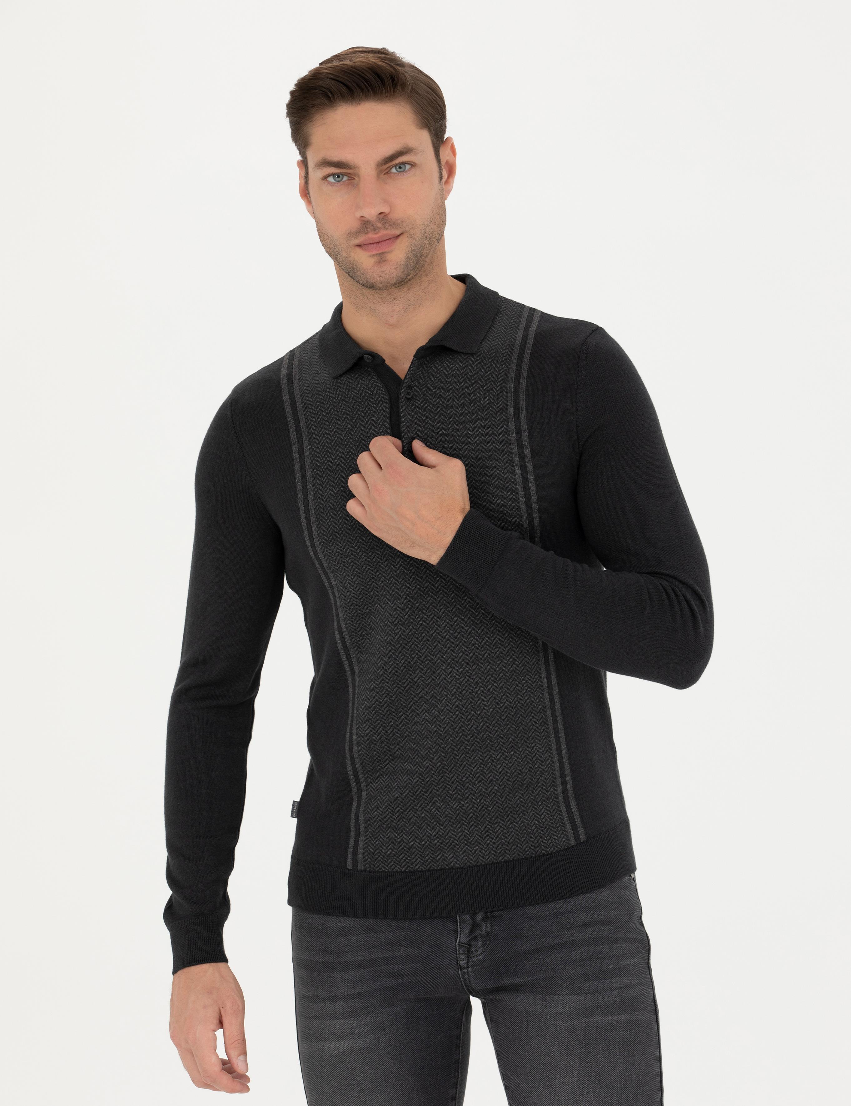 Açık Gri Melanj Slim Fit Düğmeli Polo Yaka Triko Kazak