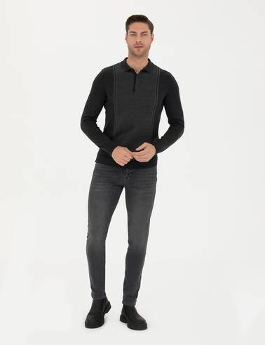 Açık Gri Melanj Slim Fit Düğmeli Polo Yaka Triko Kazak
