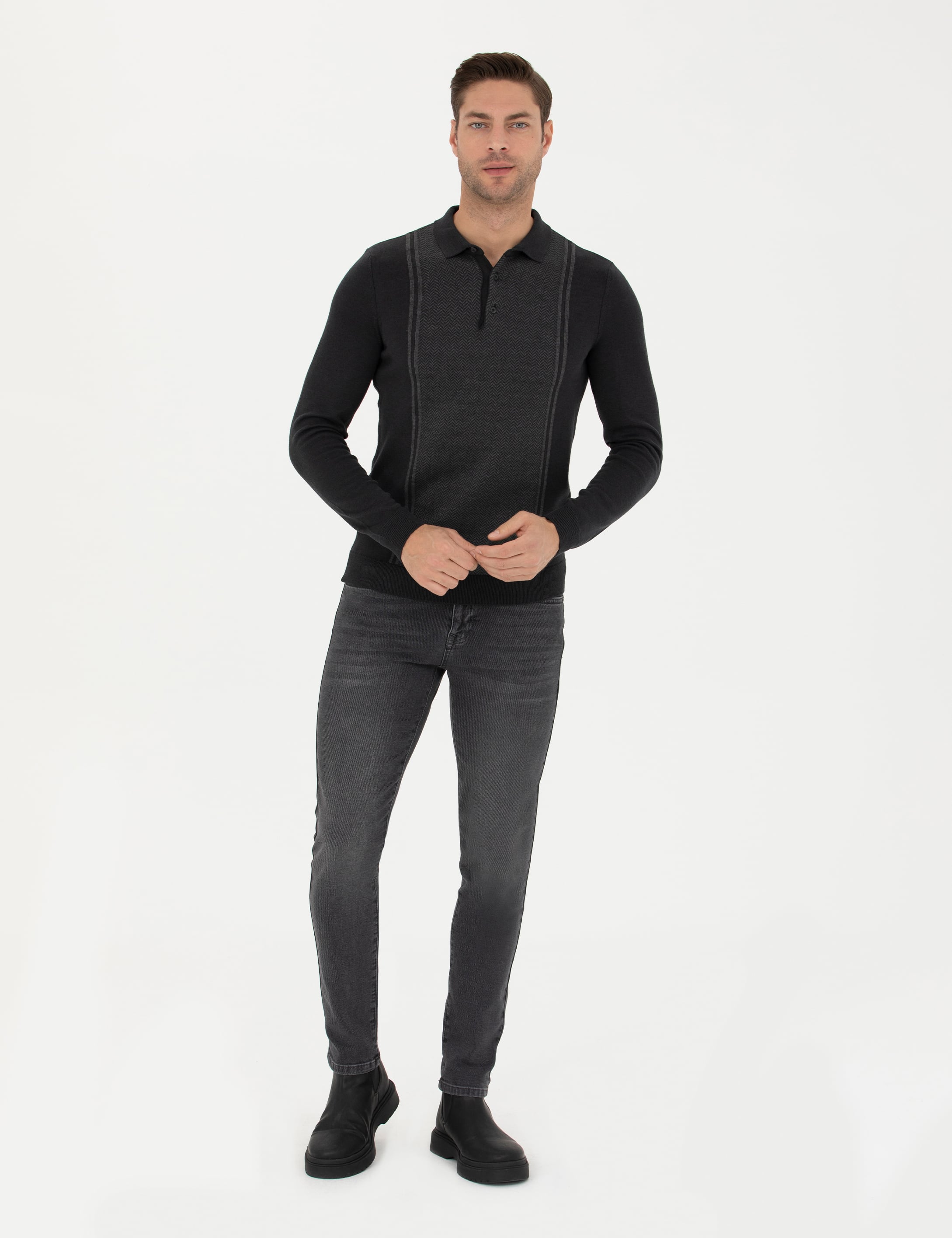 Açık Gri Melanj Slim Fit Düğmeli Polo Yaka Triko Kazak
