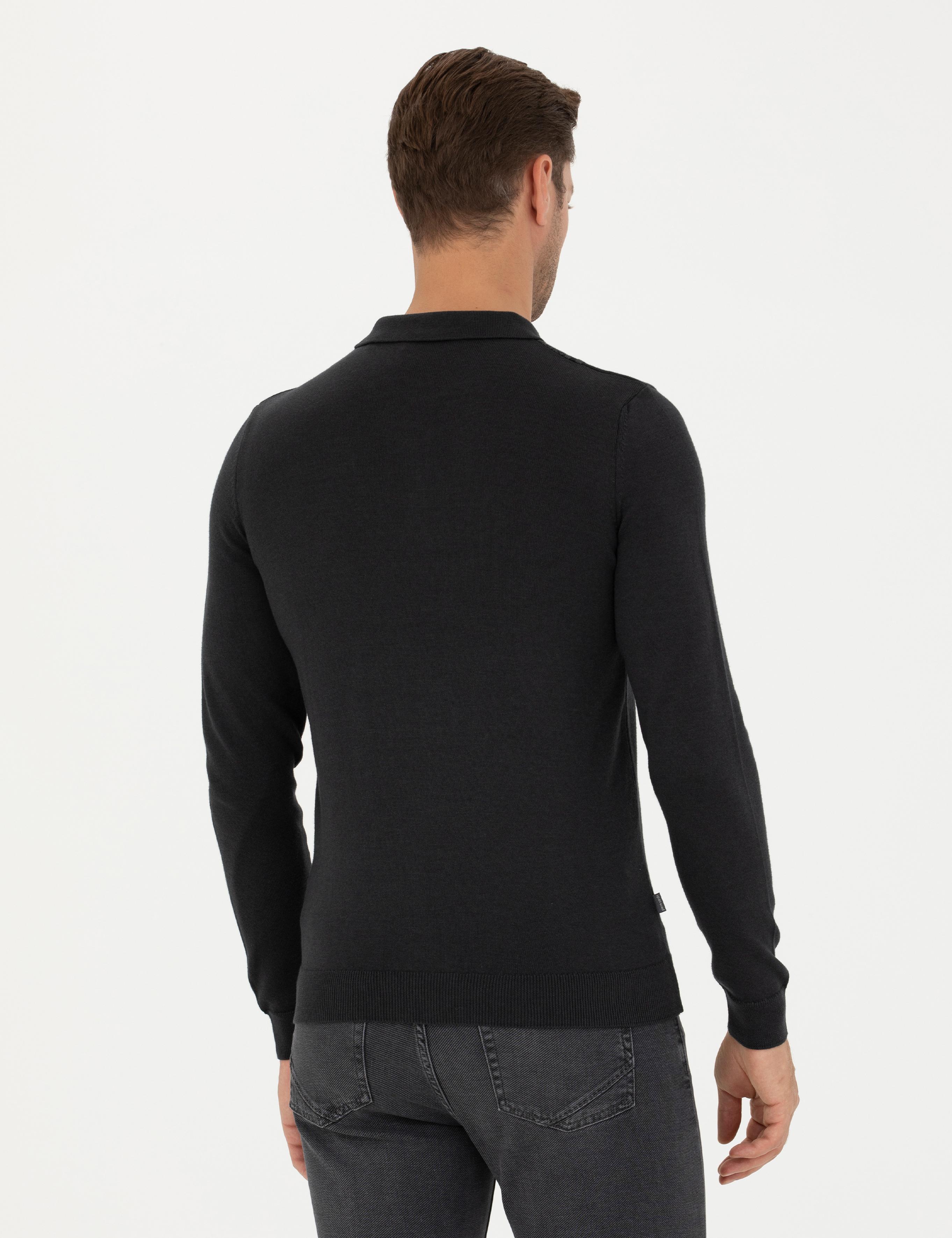 Açık Gri Melanj Slim Fit Düğmeli Polo Yaka Triko Kazak