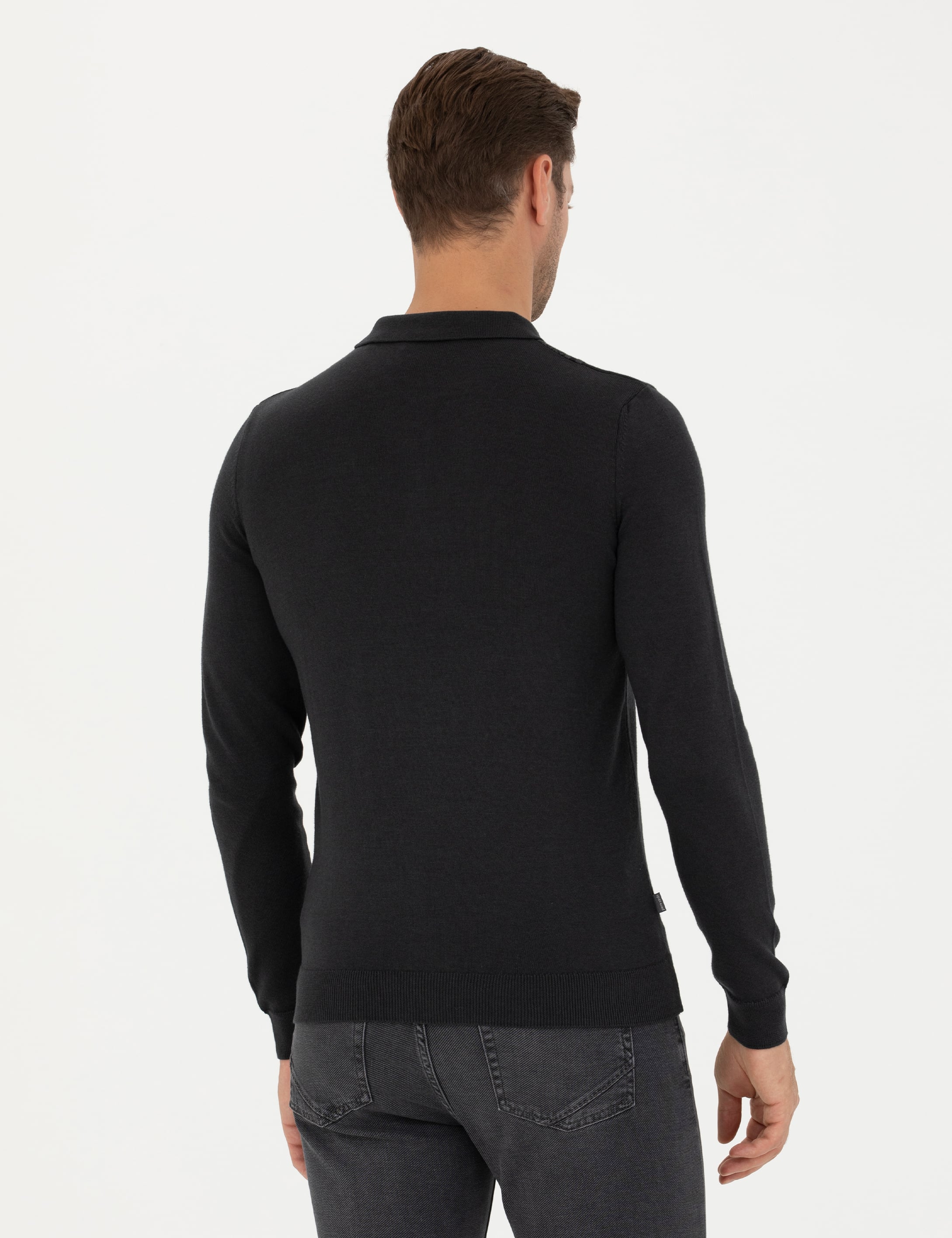 Açık Gri Melanj Slim Fit Düğmeli Polo Yaka Triko Kazak - Image 5