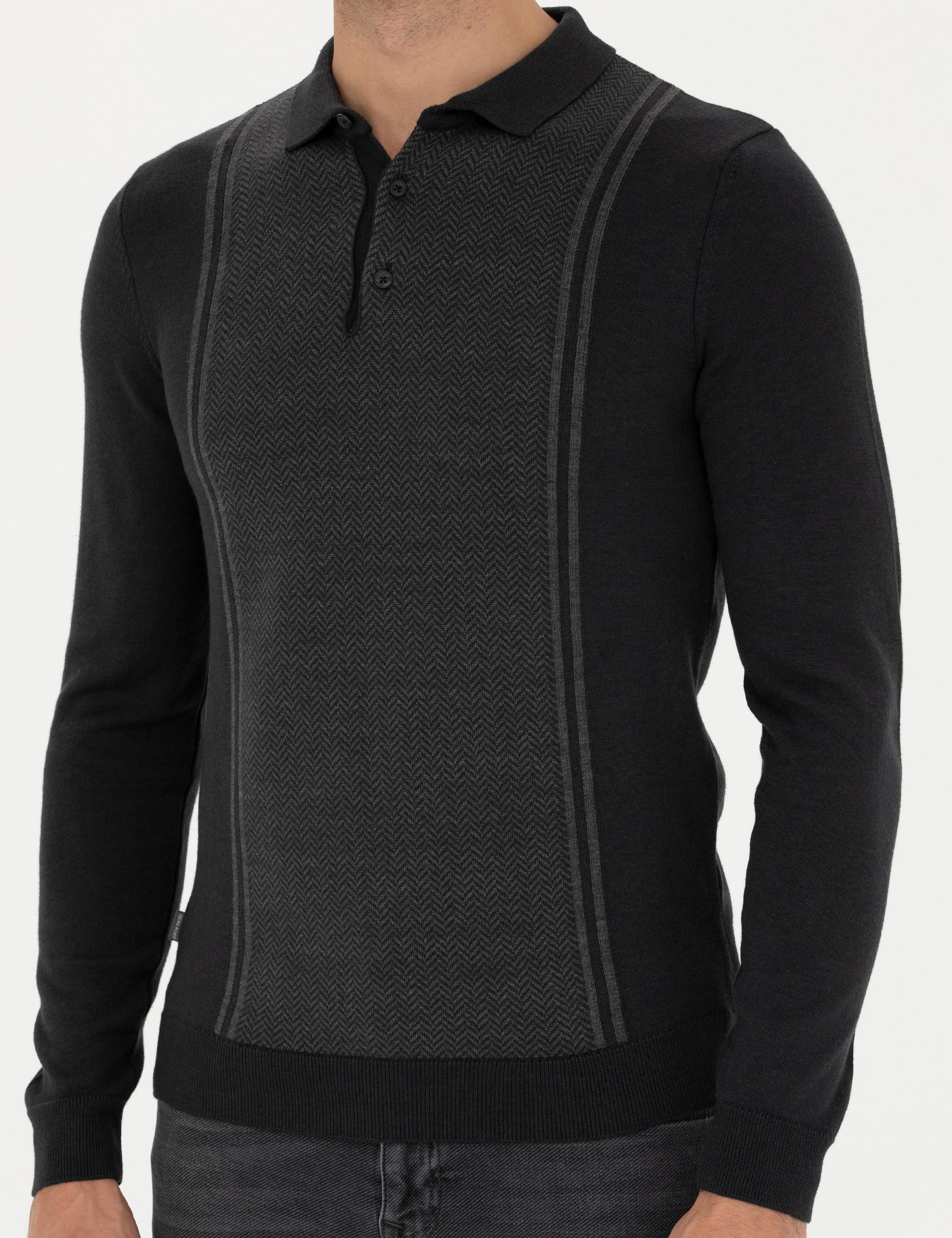 Açık Gri Melanj Slim Fit Düğmeli Polo Yaka Triko Kazak