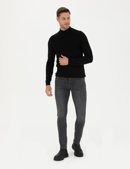 Siyah Slim Fit Yarım Balıkçı Yaka Triko Kazak - 50281844001