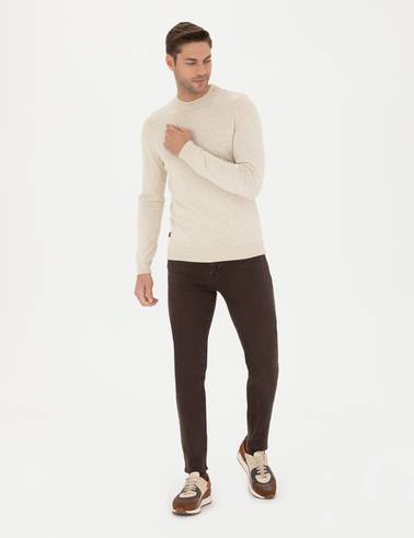 Krem Melanj Slim Fit Çeyrek Yaka Basic Triko Kazak