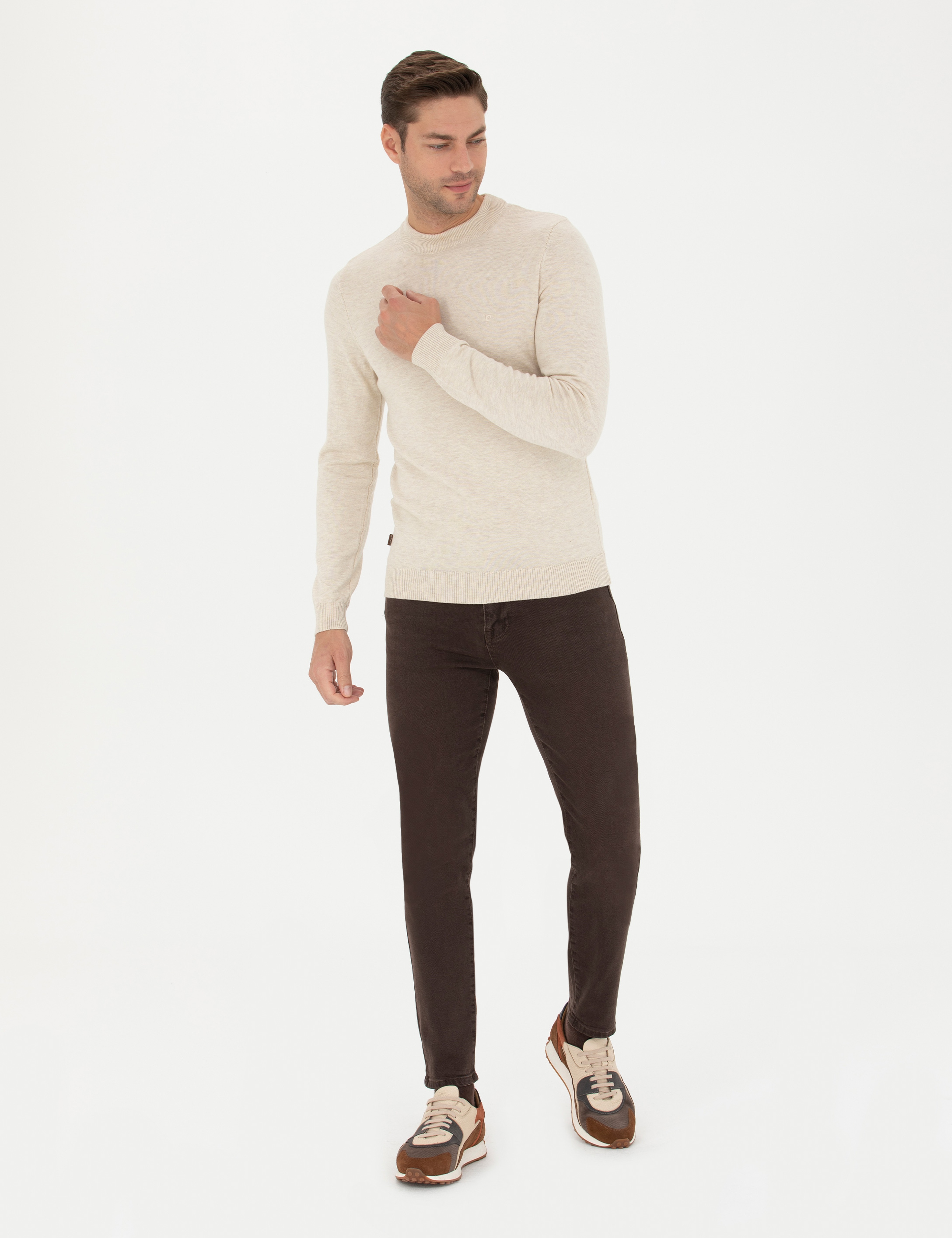 Krem Melanj Slim Fit Çeyrek Yaka Basic Triko Kazak - Image 4