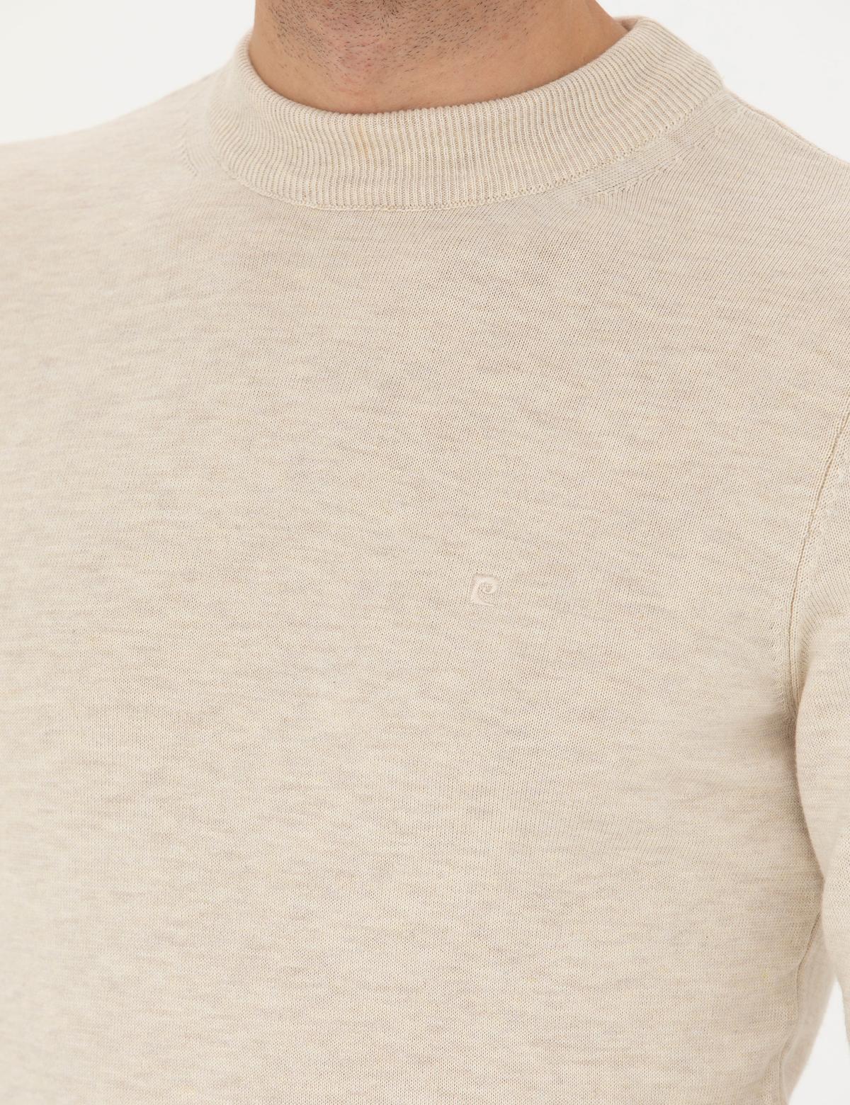 Krem Melanj Slim Fit Çeyrek Yaka Basic Triko Kazak - 50276158001