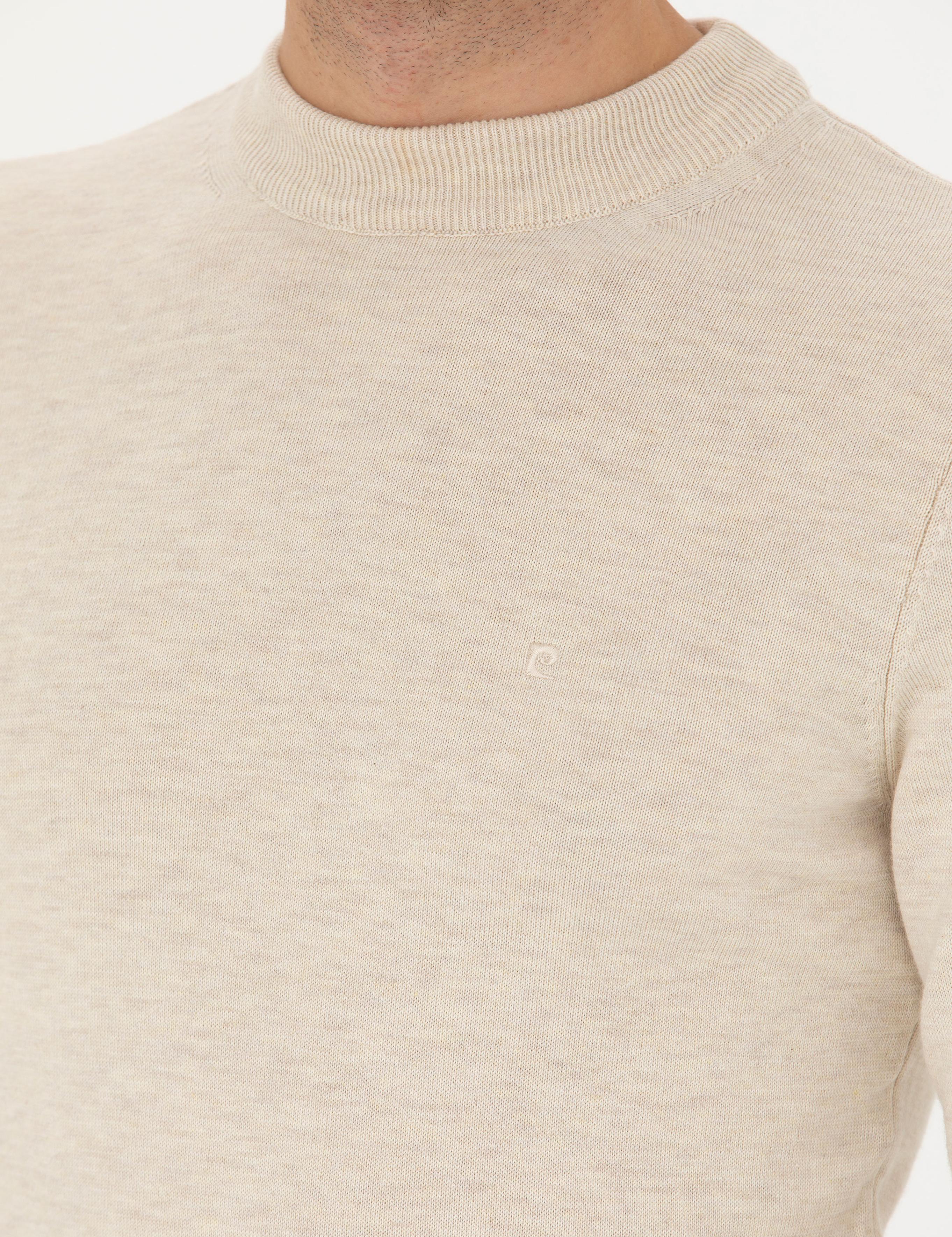 Krem Melanj Slim Fit Çeyrek Yaka Basic Triko Kazak