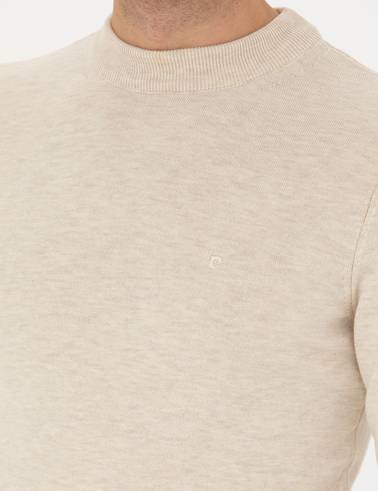 Krem Melanj Slim Fit Çeyrek Yaka Basic Triko Kazak