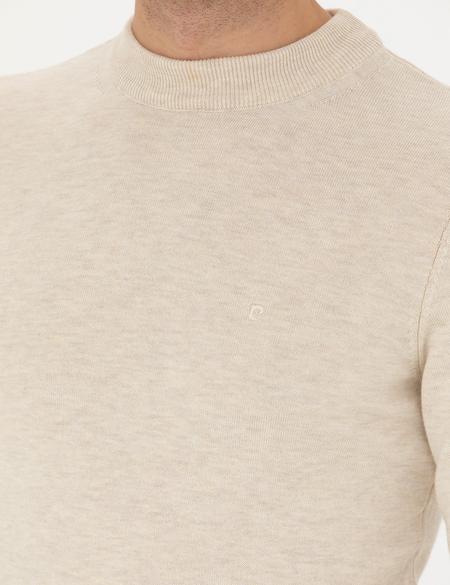 Krem Melanj Slim Fit Çeyrek Yaka Basic Triko Kazak - 50276158001