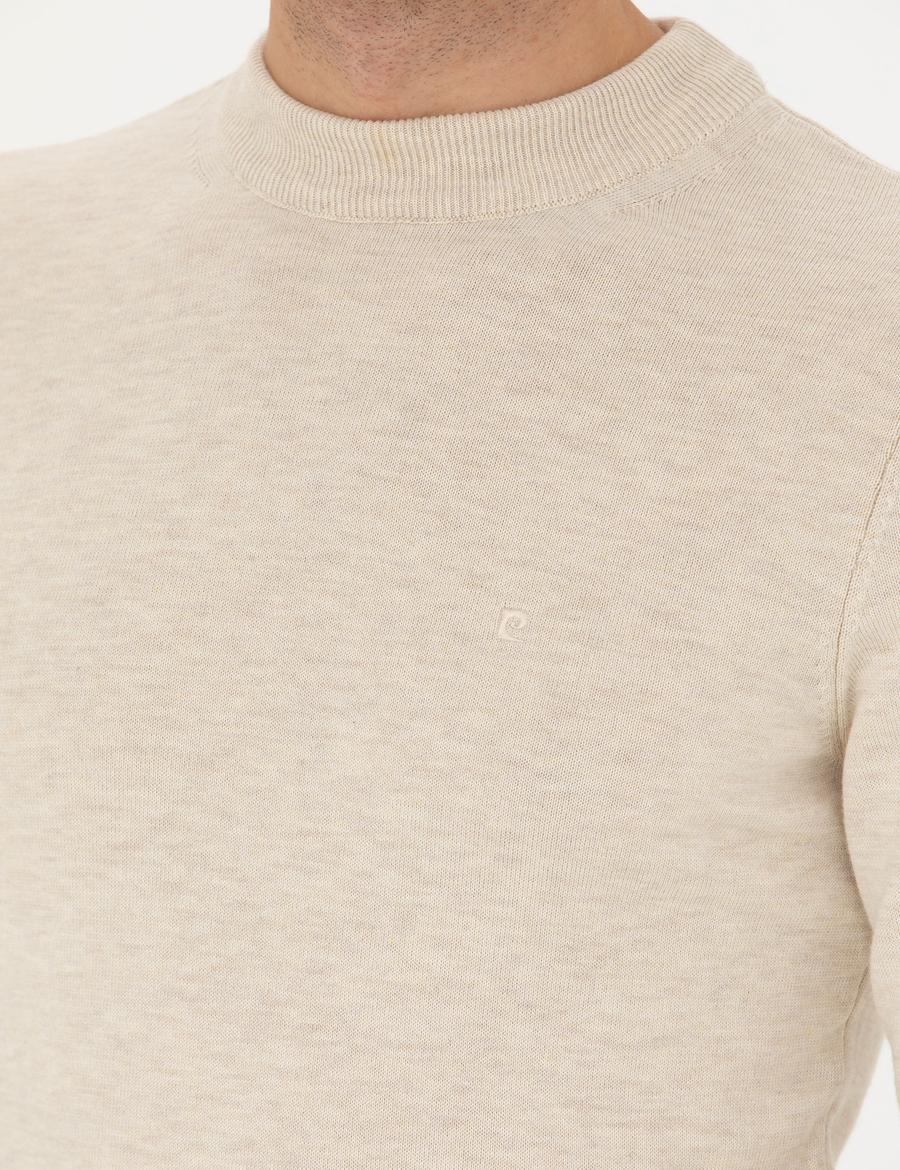 Krem Melanj Slim Fit Çeyrek Yaka Basic Triko Kazak