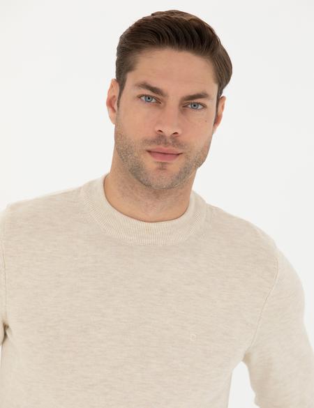 Krem Melanj Slim Fit Çeyrek Yaka Basic Triko Kazak - 50276158001