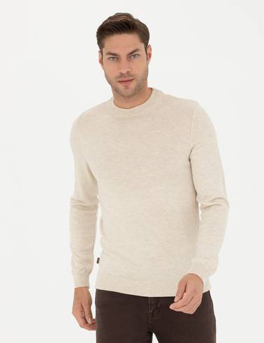 Krem Melanj Slim Fit Çeyrek Yaka Basic Triko Kazak
