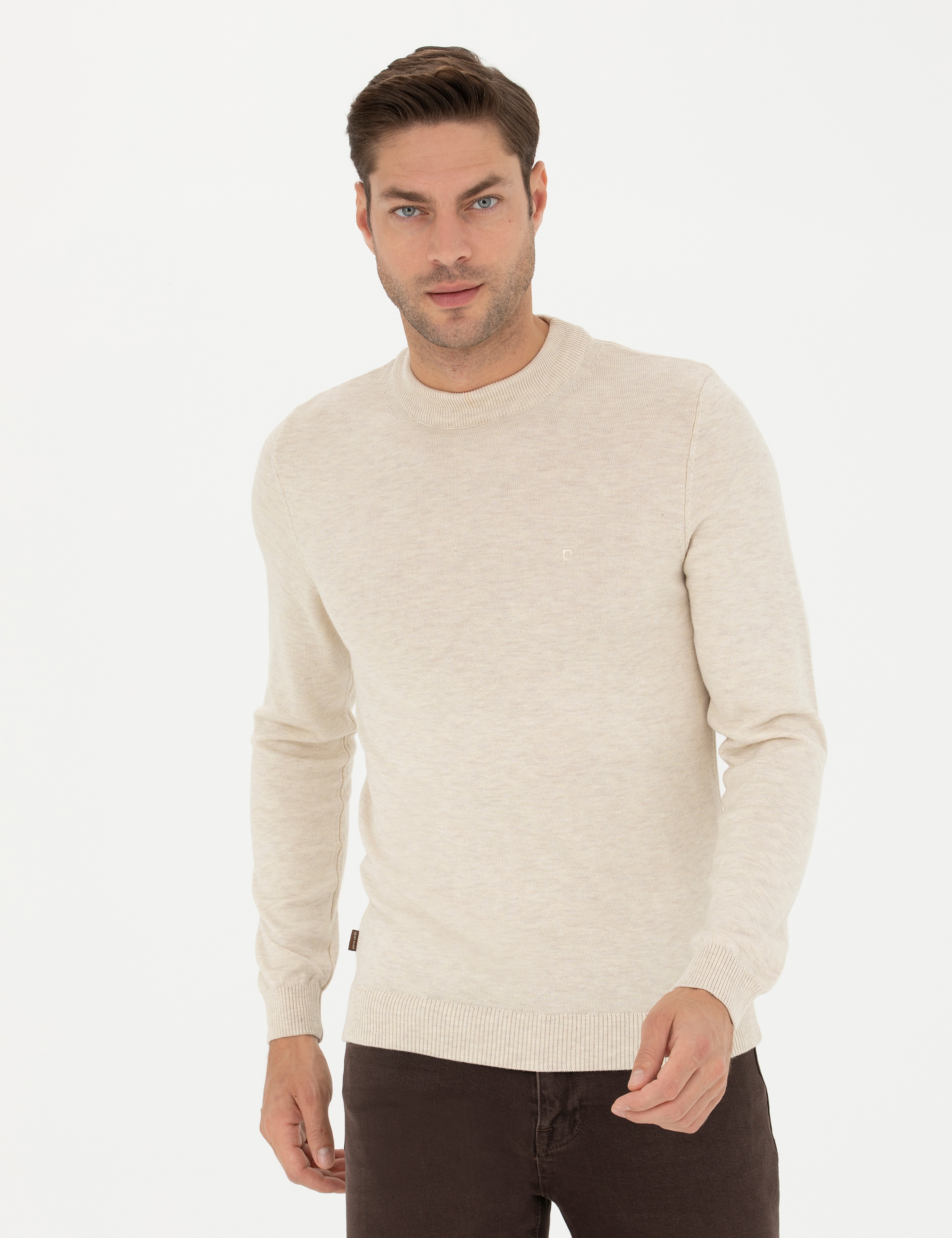 Krem Melanj Slim Fit Çeyrek Yaka Basic Triko Kazak - Image 3