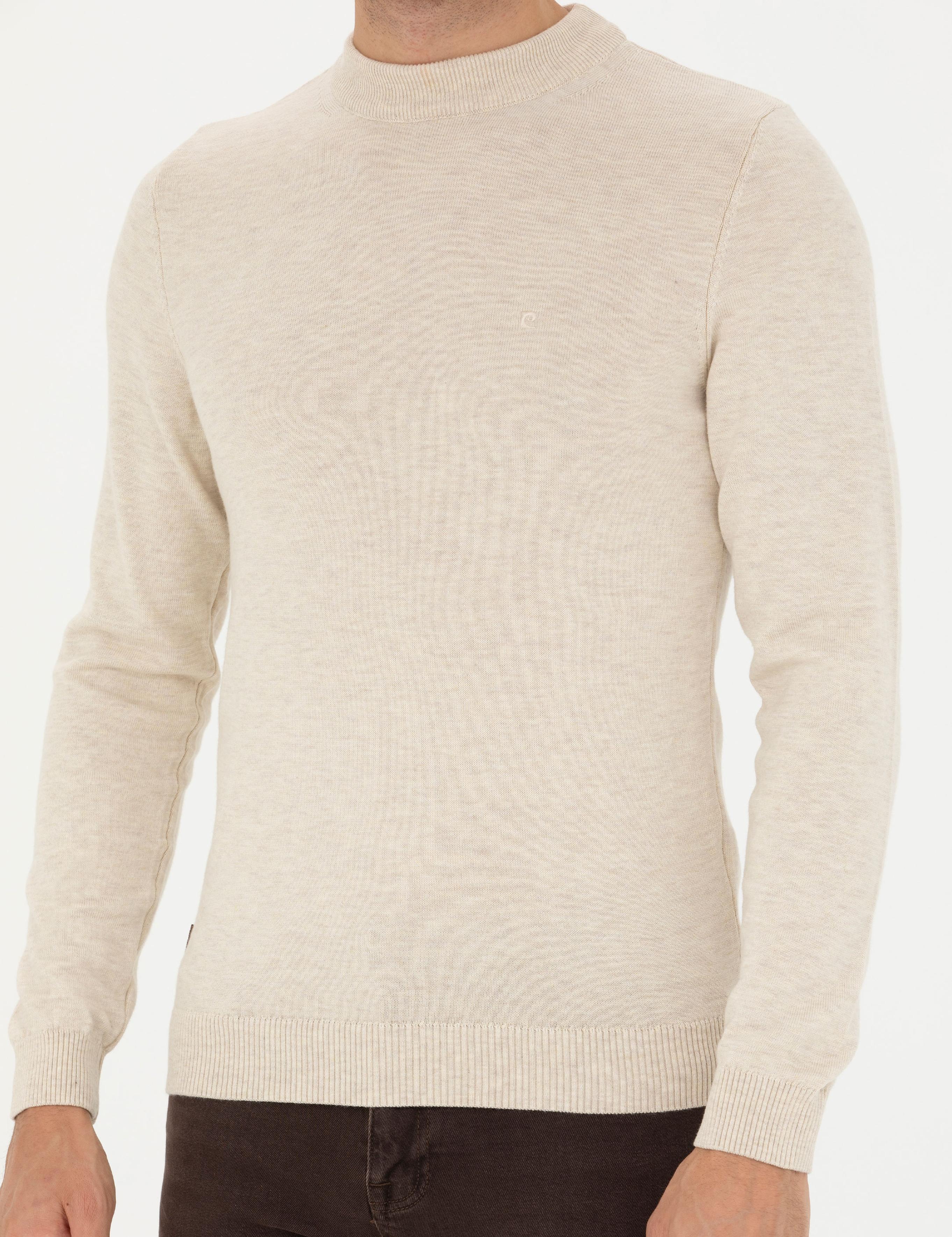 Krem Melanj Slim Fit Çeyrek Yaka Basic Triko Kazak