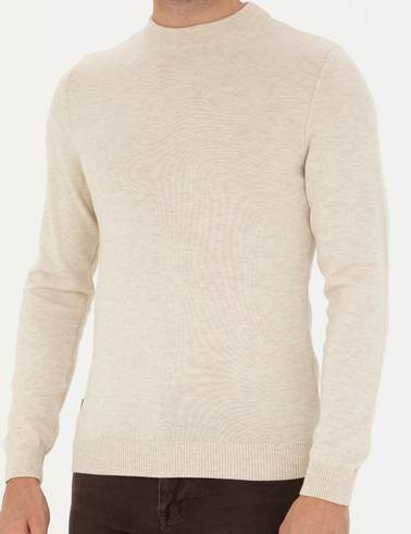 Krem Melanj Slim Fit Çeyrek Yaka Basic Triko Kazak