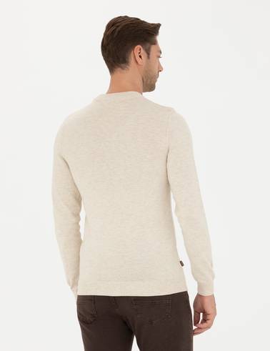 Krem Melanj Slim Fit Çeyrek Yaka Basic Triko Kazak