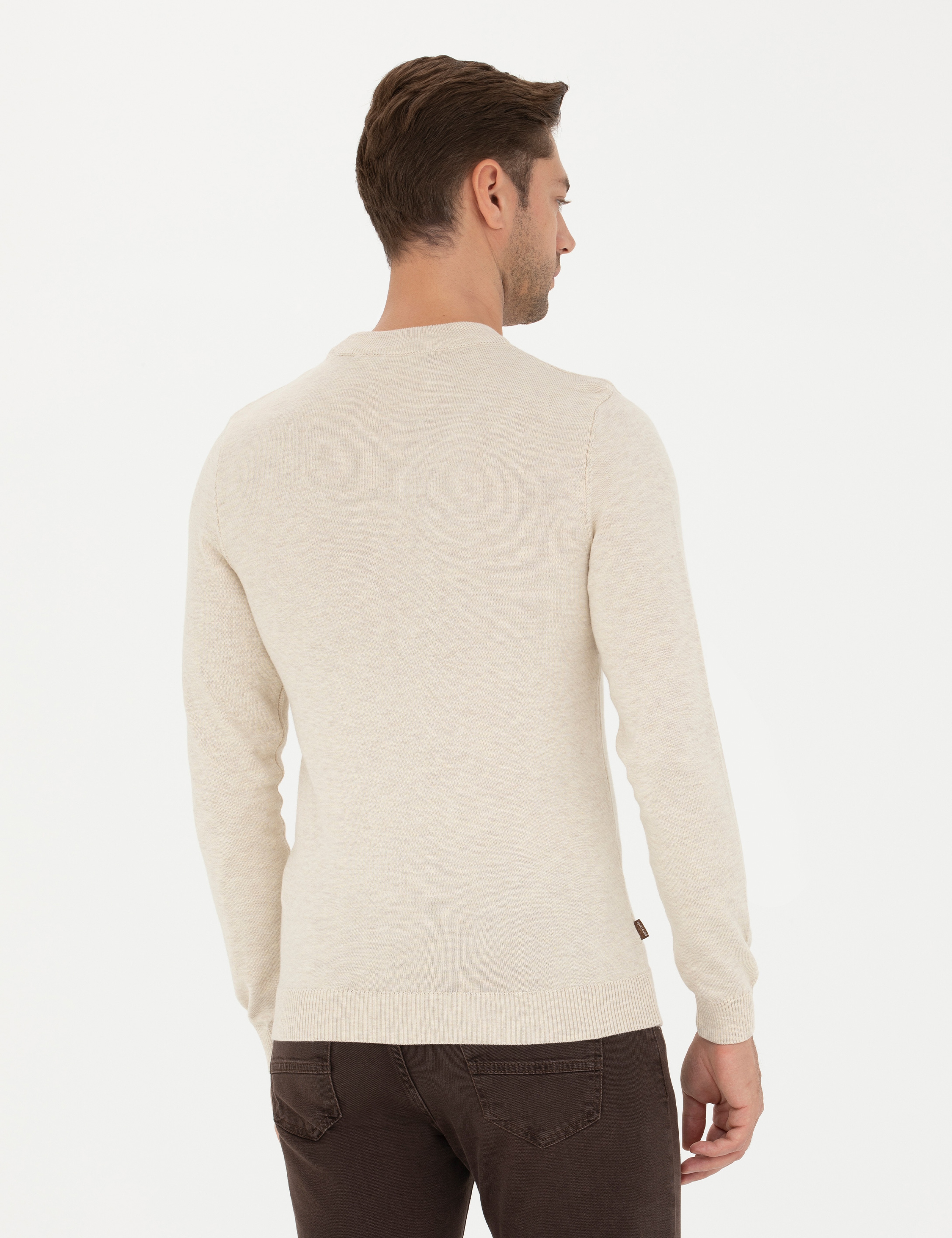 Krem Melanj Slim Fit Çeyrek Yaka Basic Triko Kazak - Image 5