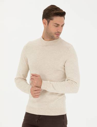 Krem Melanj Slim Fit Çeyrek Yaka Basic Triko Kazak