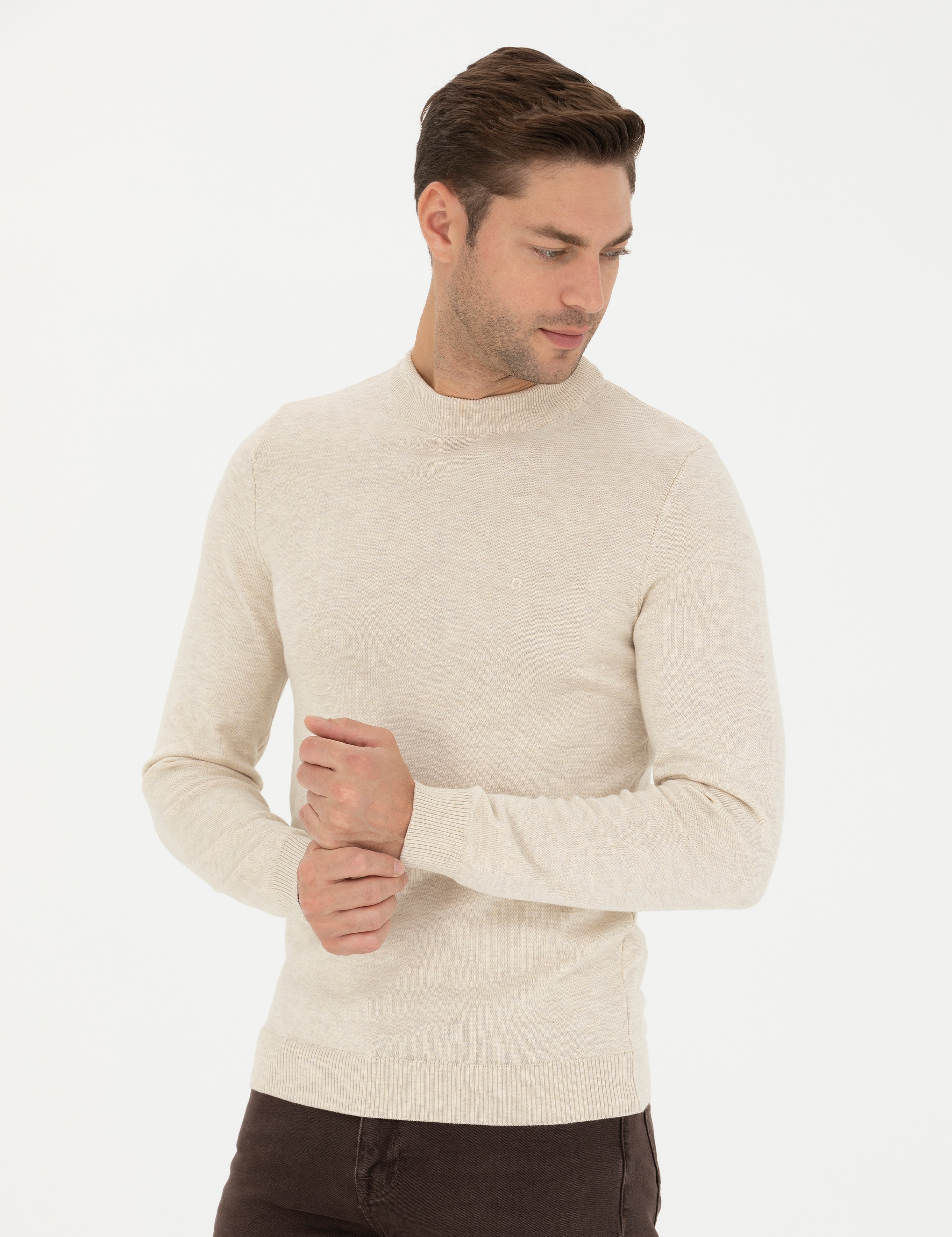 Krem Melanj Slim Fit Çeyrek Yaka Basic Triko Kazak - Image 1