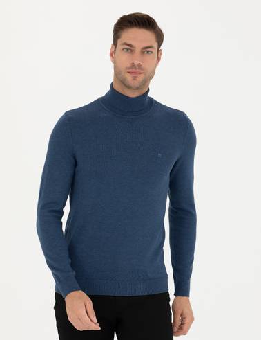 İndigo Melanj Slim Fit Balıkçı Yaka Basic Triko Kazak