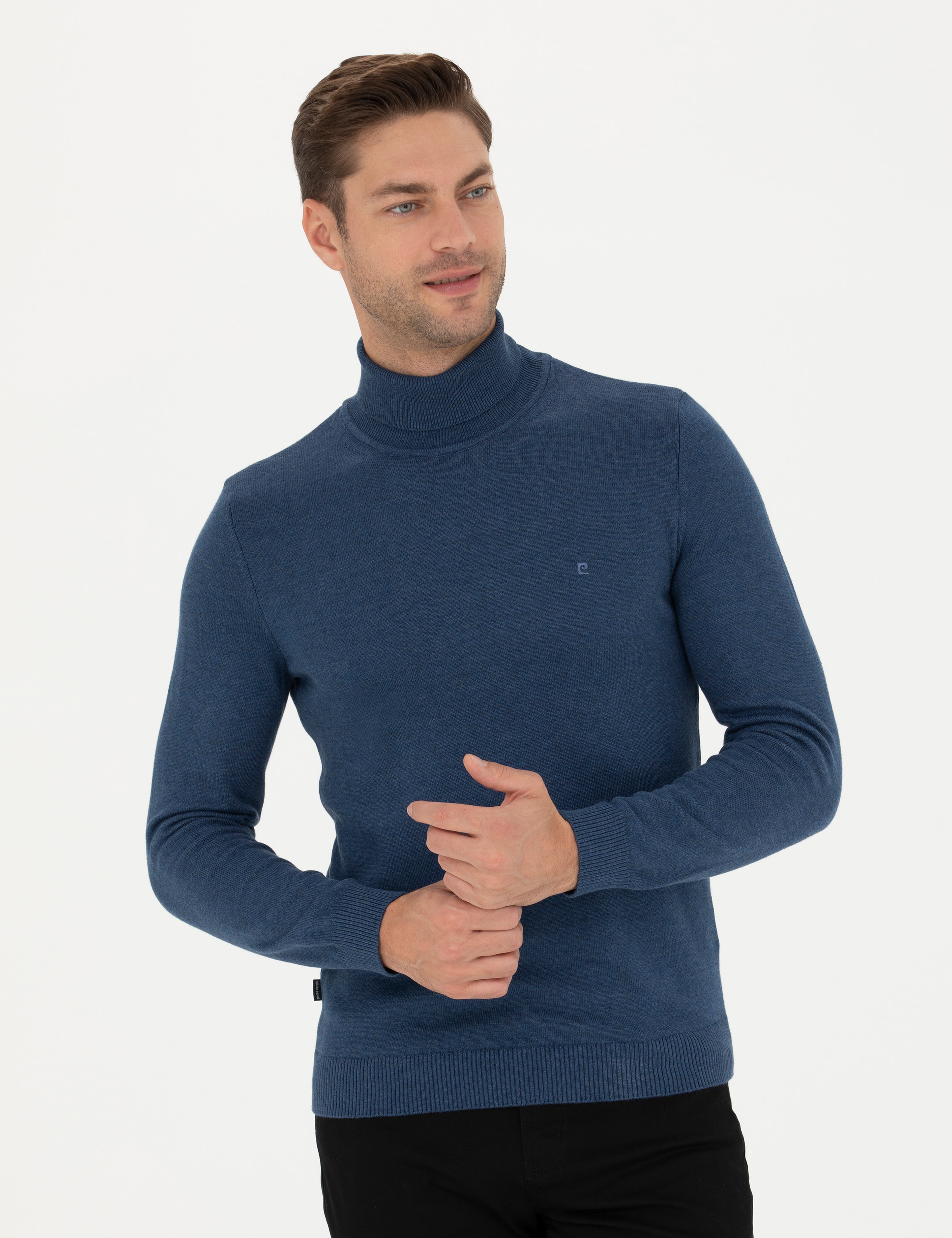 İndigo Melanj Slim Fit Balıkçı Yaka Basic Triko Kazak - Image 3