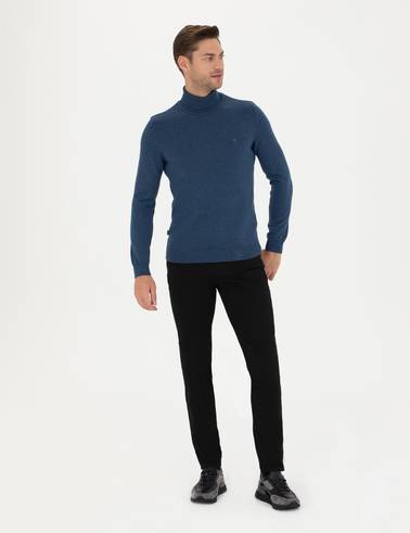 İndigo Melanj Slim Fit Balıkçı Yaka Basic Triko Kazak
