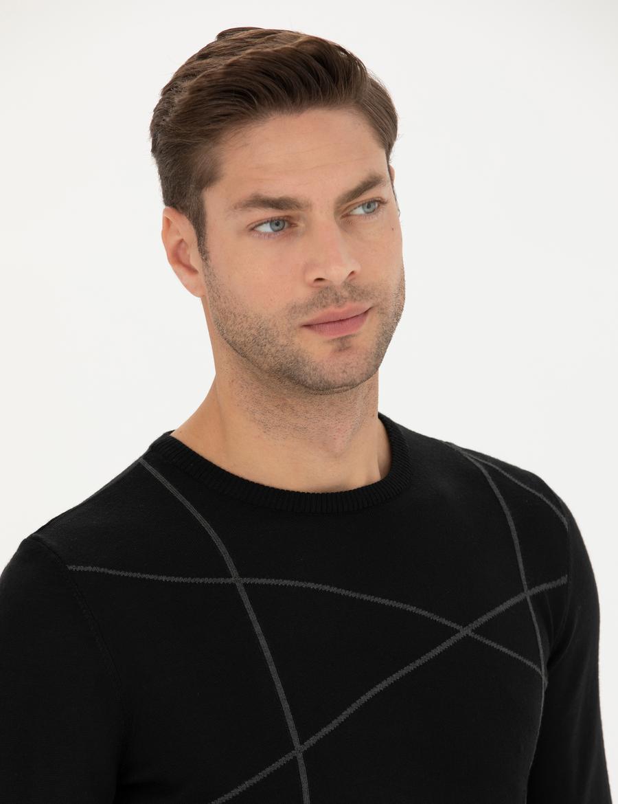 Siyah Slim Fit Bisiklet Yaka Yün Karışımlı Triko Kazak