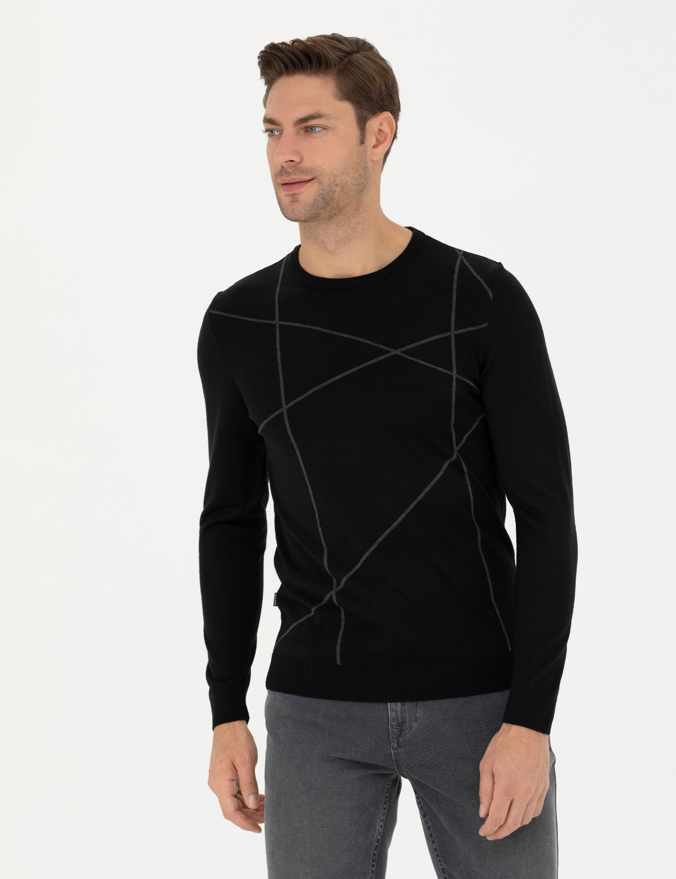 Pierre Cardin Siyah Slim Fit Bisiklet Yaka Yün Karışımlı Triko Kazak görsel 3