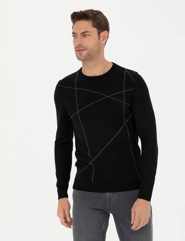 Siyah Slim Fit Bisiklet Yaka Yün Karışımlı Triko Kazak