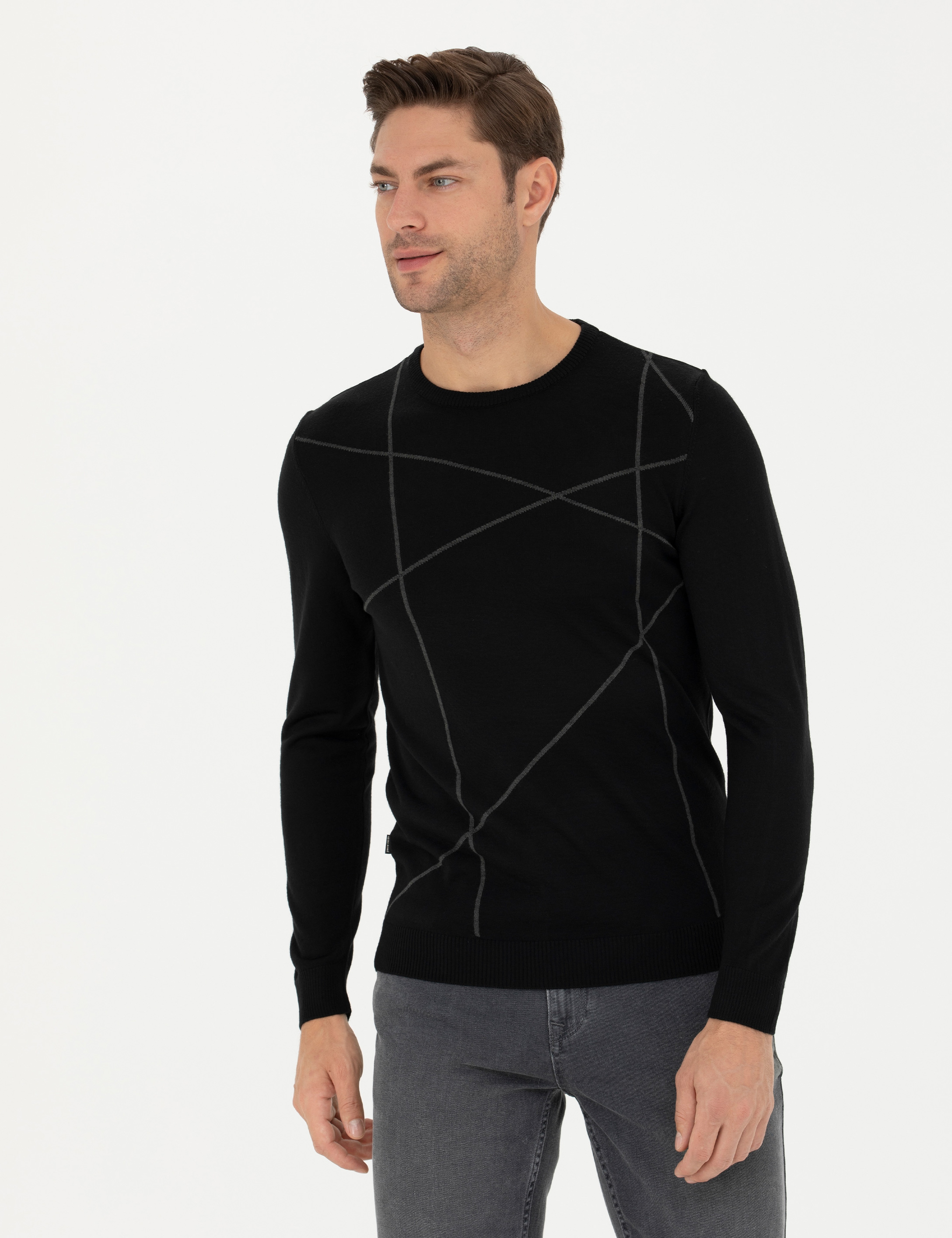 Siyah Slim Fit Bisiklet Yaka Yün Karışımlı Triko Kazak