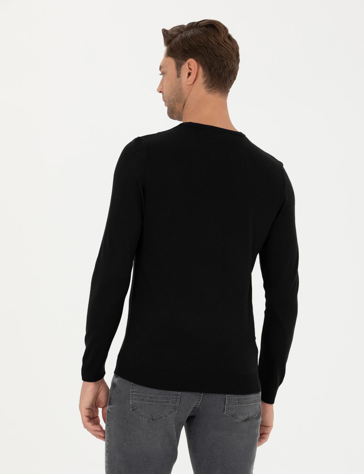 Siyah Slim Fit Bisiklet Yaka Yün Karışımlı Triko Kazak - 50278028009