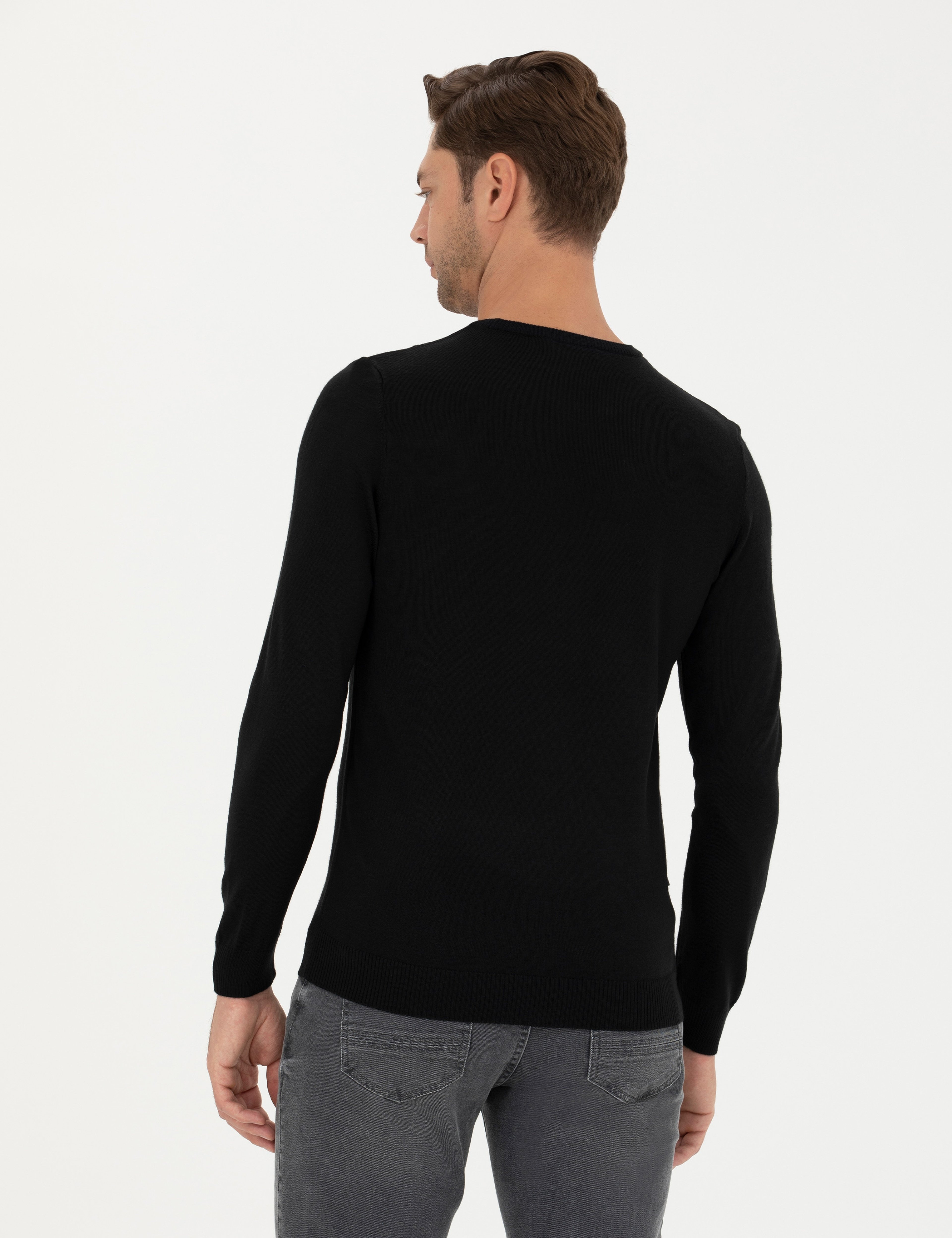 Siyah Slim Fit Bisiklet Yaka Yün Karışımlı Triko Kazak
