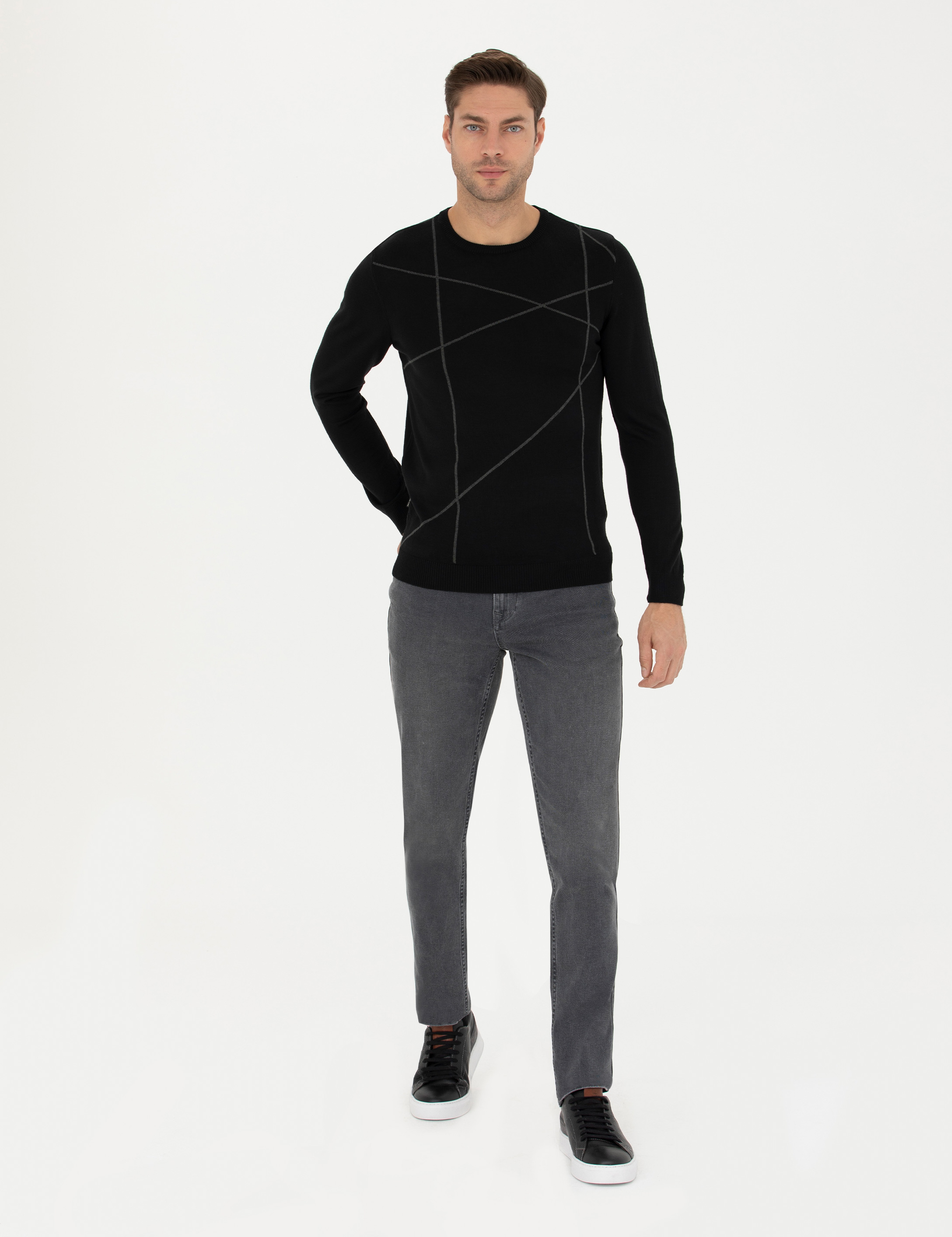 Siyah Slim Fit Bisiklet Yaka Yün Karışımlı Triko Kazak - Image 4