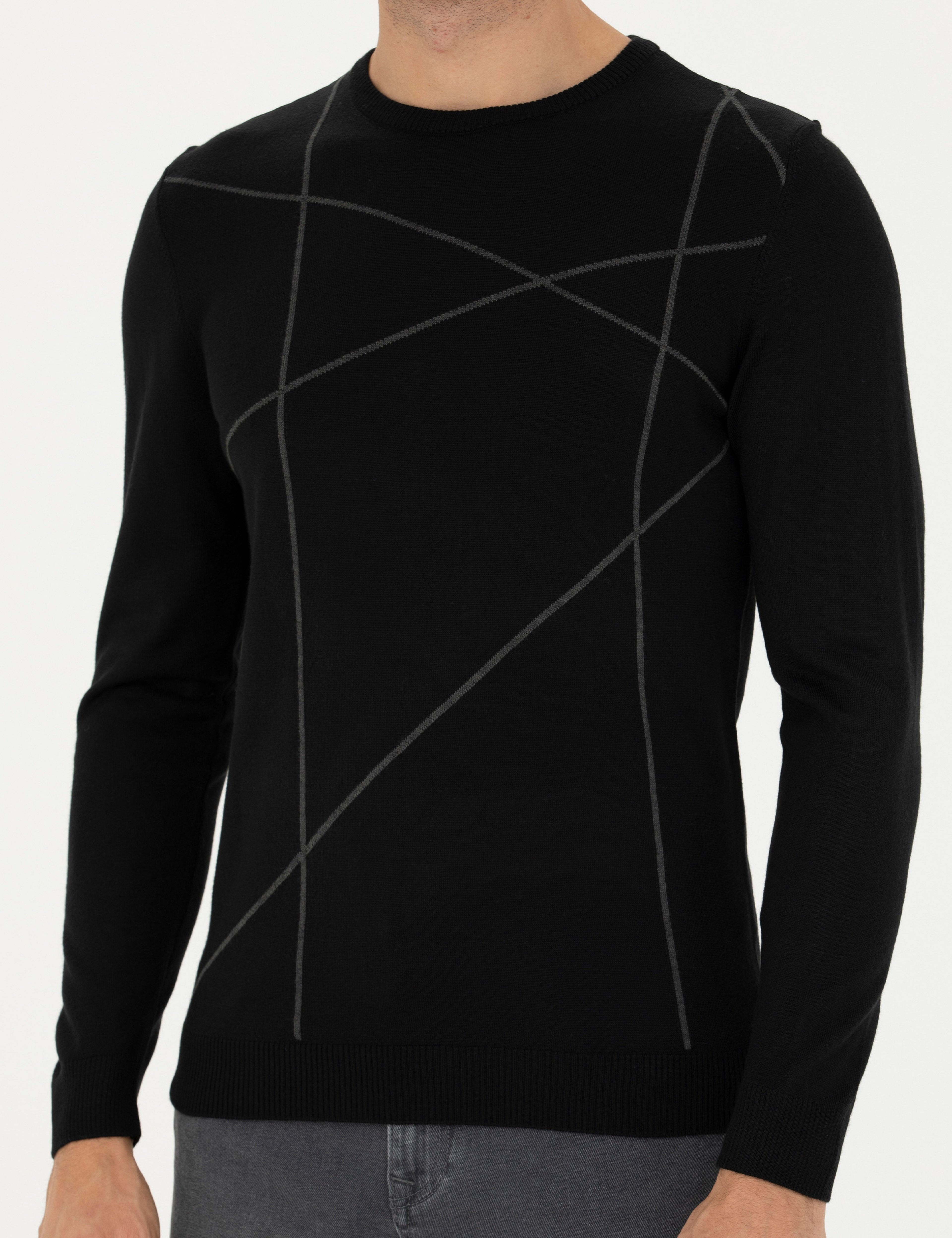 Siyah Slim Fit Bisiklet Yaka Yün Karışımlı Triko Kazak