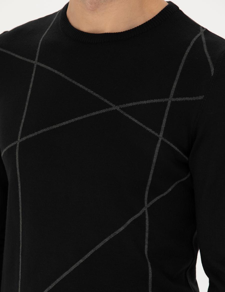 Siyah Slim Fit Bisiklet Yaka Yün Karışımlı Triko Kazak