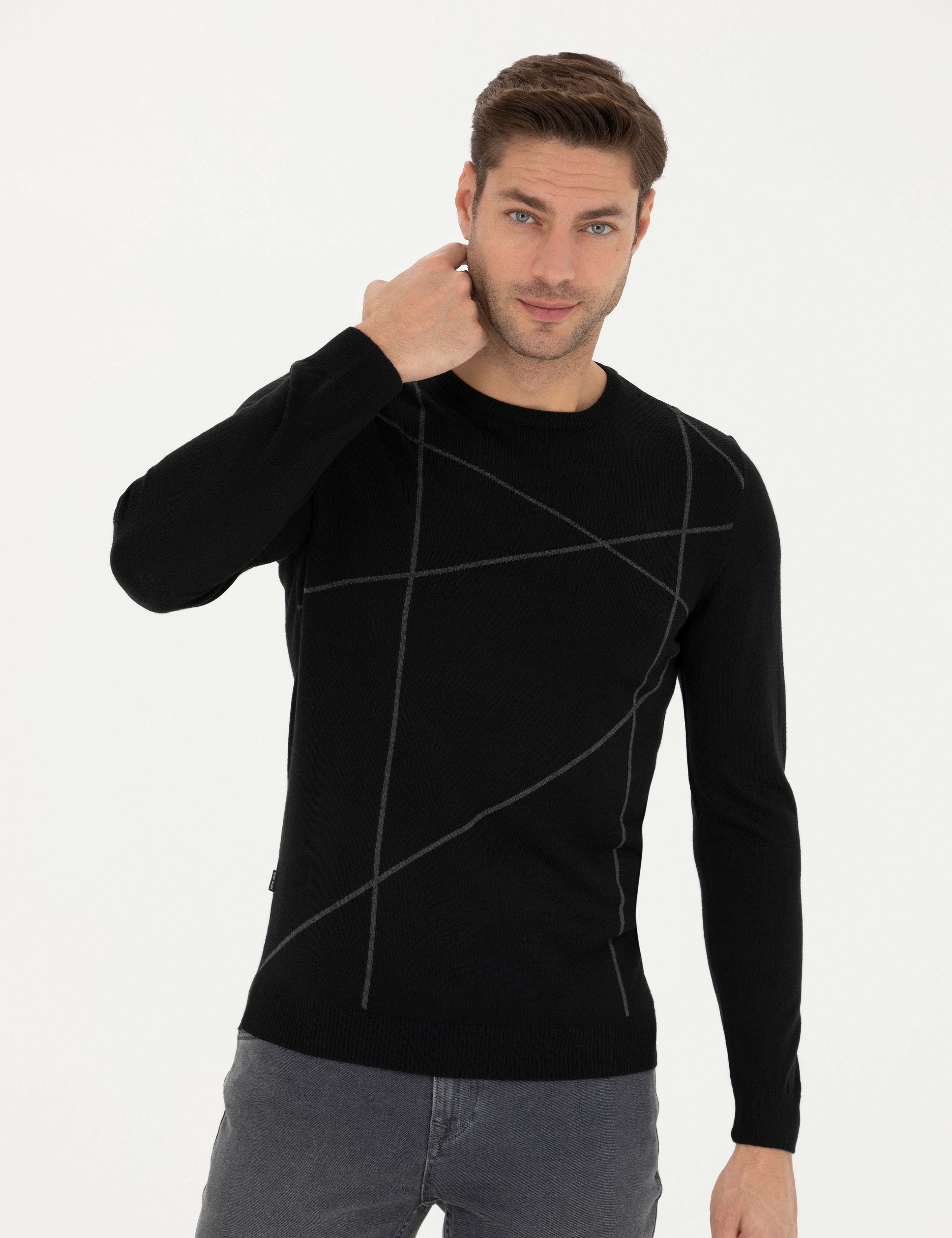 Siyah Slim Fit Bisiklet Yaka Yün Karışımlı Triko Kazak - Image 1