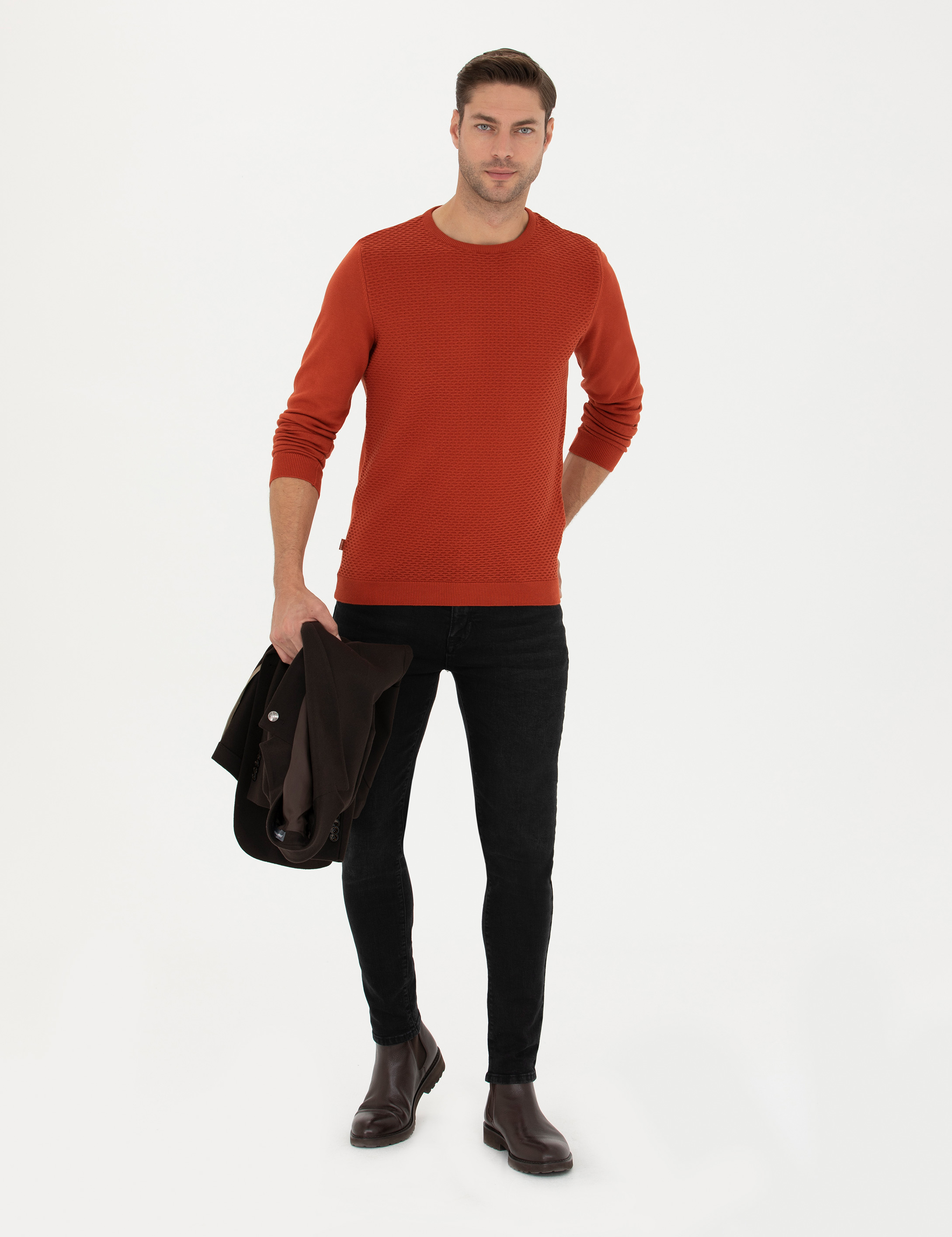 Pierre Cardin Kiremit Slim Fit Bisiklet Yaka Triko Kazak görsel 4